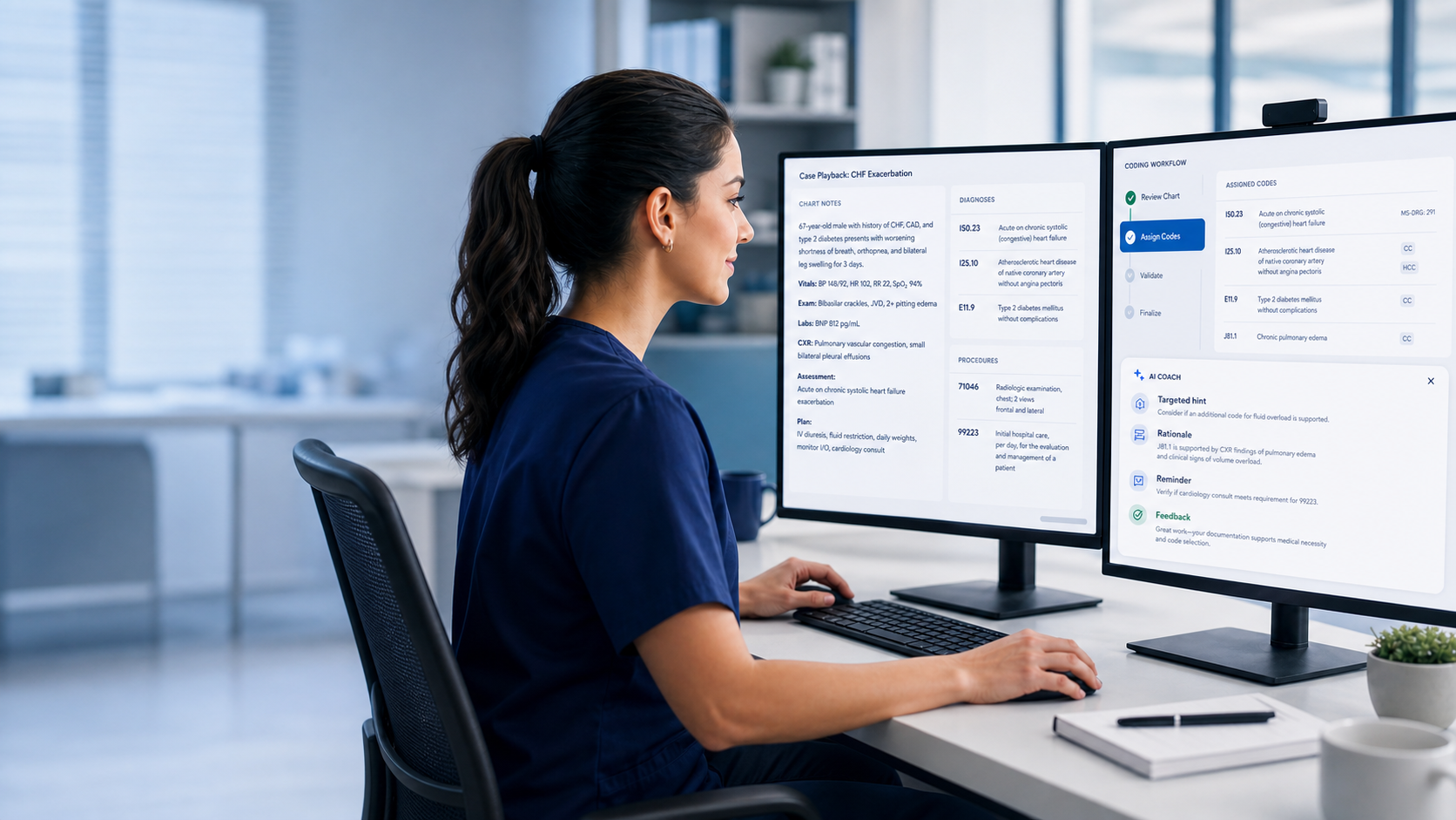 Medical coding learner reviewing a clinical case with guided coding workflow support on multiple monitors