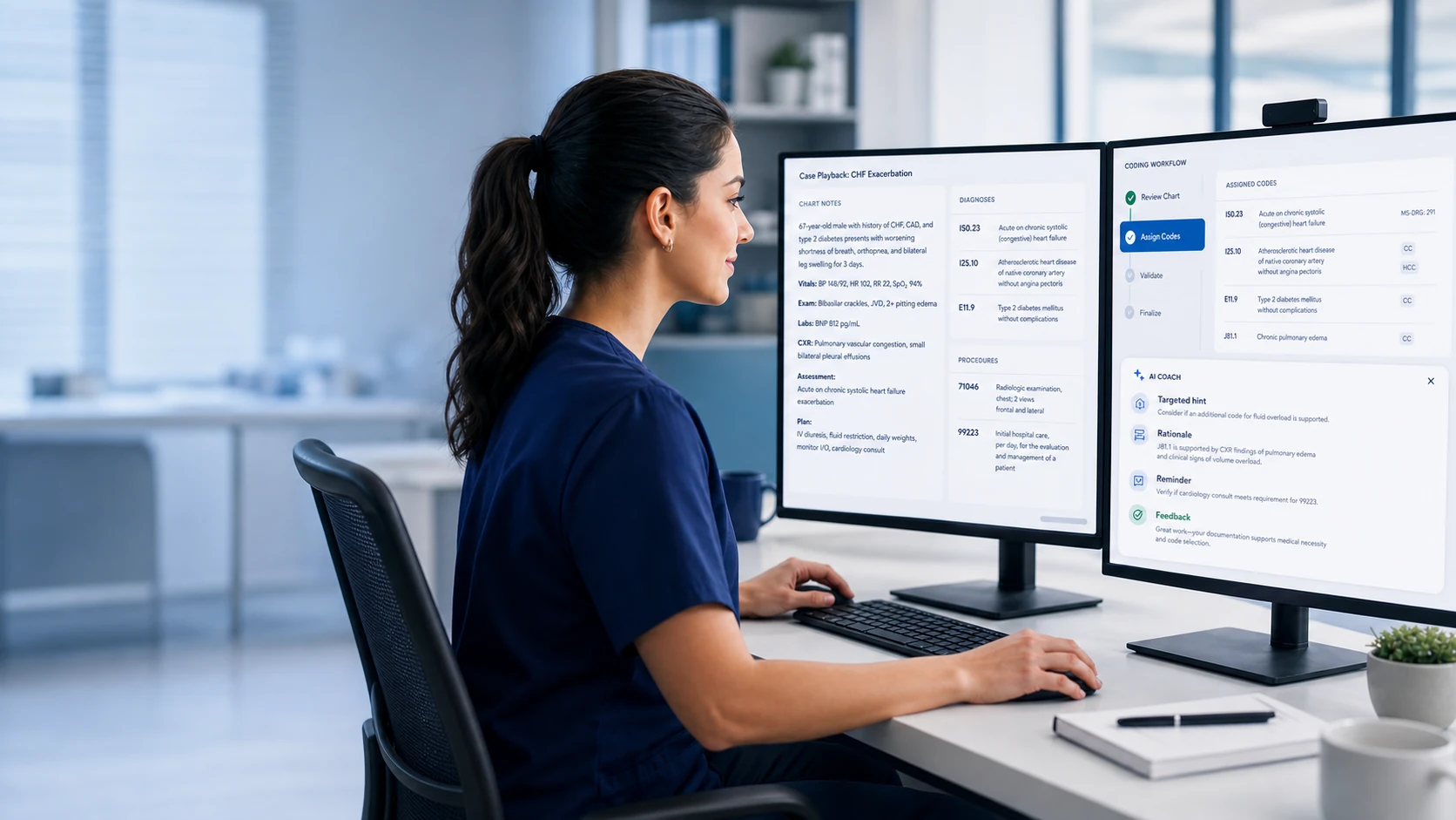 Medical coding learner reviewing a clinical case with guided coding workflow support on multiple monitors