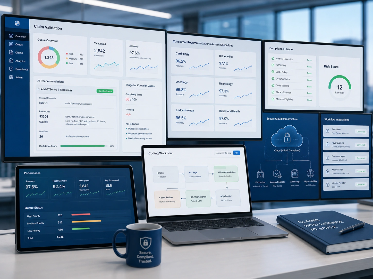 Medical coder reviewing chart and coding workflow dashboards