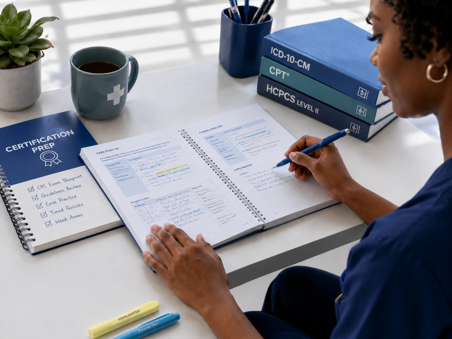 Medical coder reviewing clinical coding cases with study materials and certification-focused references nearby