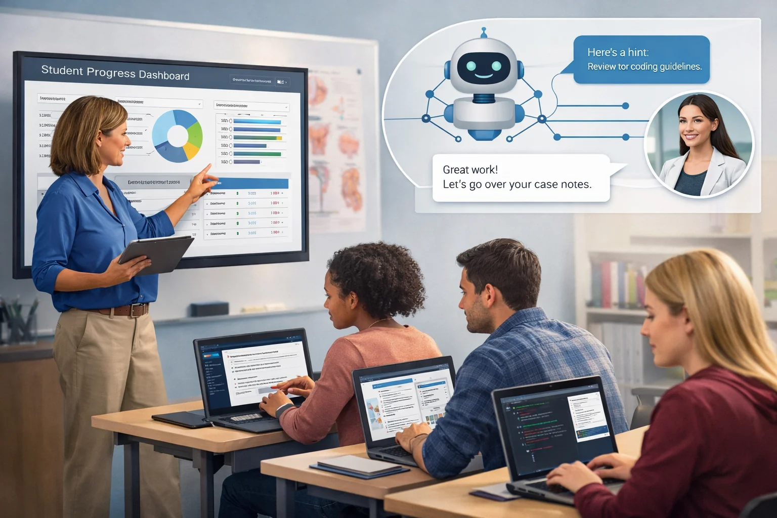 Instructor-led coding education environment with student dashboards and AI coaching support