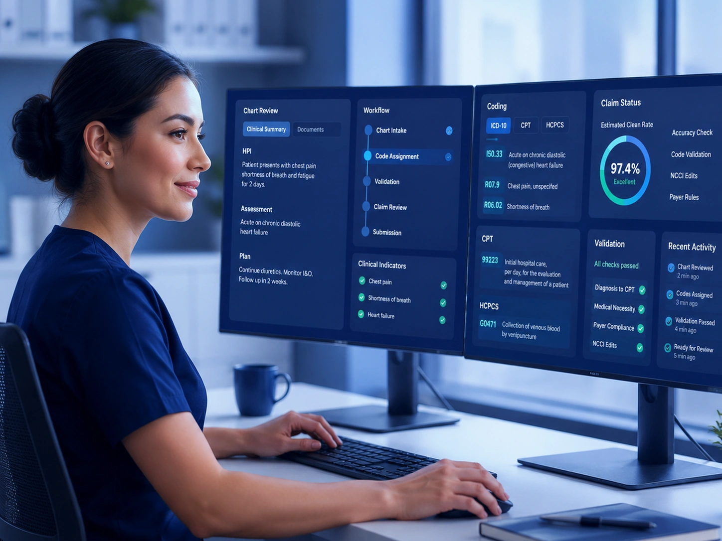 Medical coding specialist reviewing charts and claim data